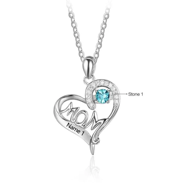Personalized Jewel Necklaces Personalized 925 Sterling Silver Birthstone Necklace with Mom Shape Love and Heart Jewelry Best Gift for Mom