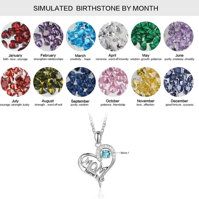 Personalized Jewel Necklaces Personalized 925 Sterling Silver Birthstone Necklace with Mom Shape Love and Heart Jewelry Best Gift for Mom