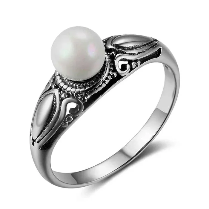 Personalized Jewel New Solid 925 Sterling Silver Rings for Women Simulated Pearl Female Ring Vintage Pattern Jewelry Gift for Girls Rings