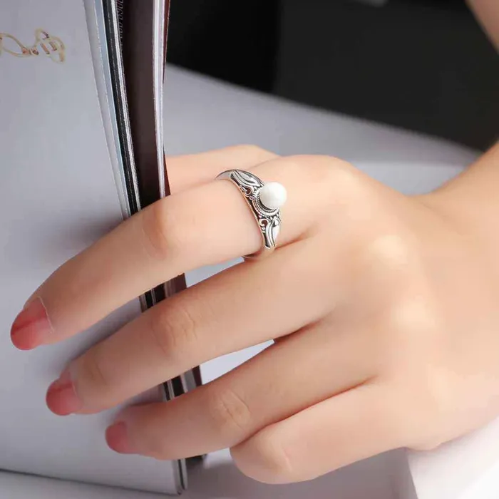 Personalized Jewel New Solid 925 Sterling Silver Rings for Women Simulated Pearl Female Ring Vintage Pattern Jewelry Gift for Girls Rings
