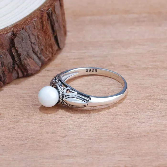 Personalized Jewel New Solid 925 Sterling Silver Rings for Women Simulated Pearl Female Ring Vintage Pattern Jewelry Gift for Girls Rings