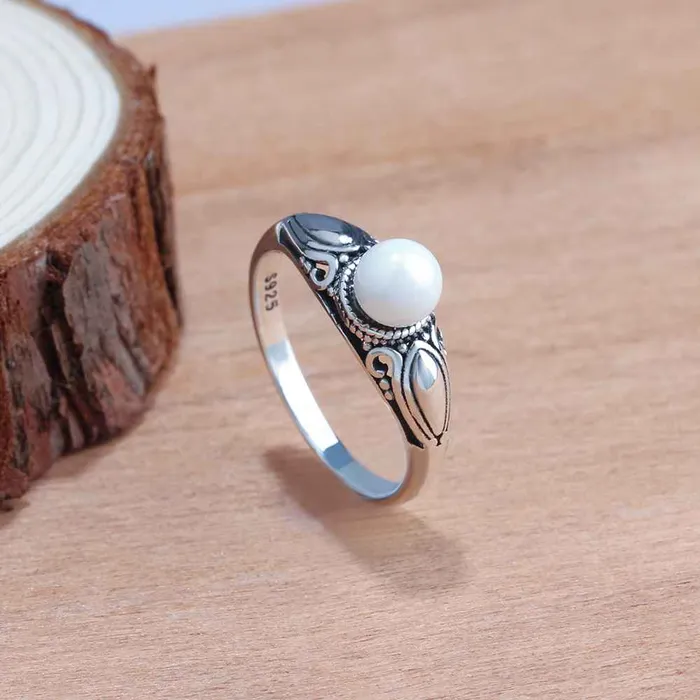 Personalized Jewel New Solid 925 Sterling Silver Rings for Women Simulated Pearl Female Ring Vintage Pattern Jewelry Gift for Girls Rings