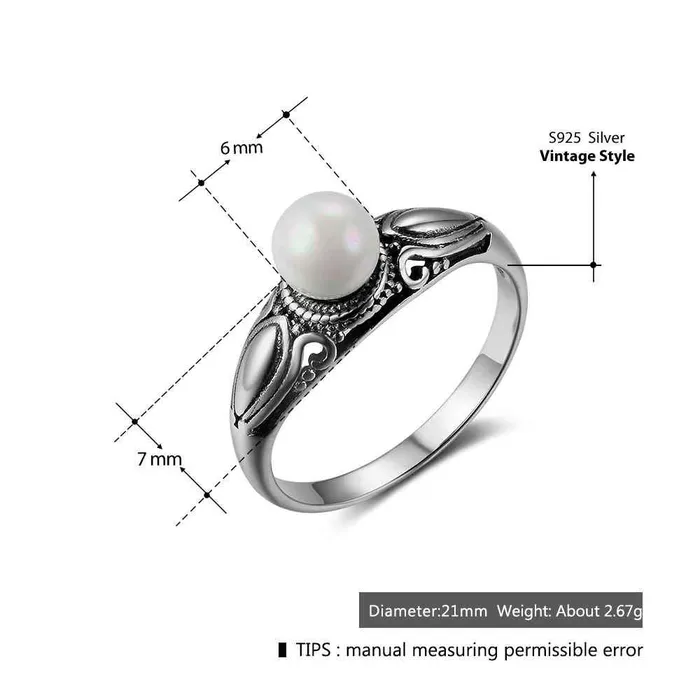 Personalized Jewel New Solid 925 Sterling Silver Rings for Women Simulated Pearl Female Ring Vintage Pattern Jewelry Gift for Girls Rings