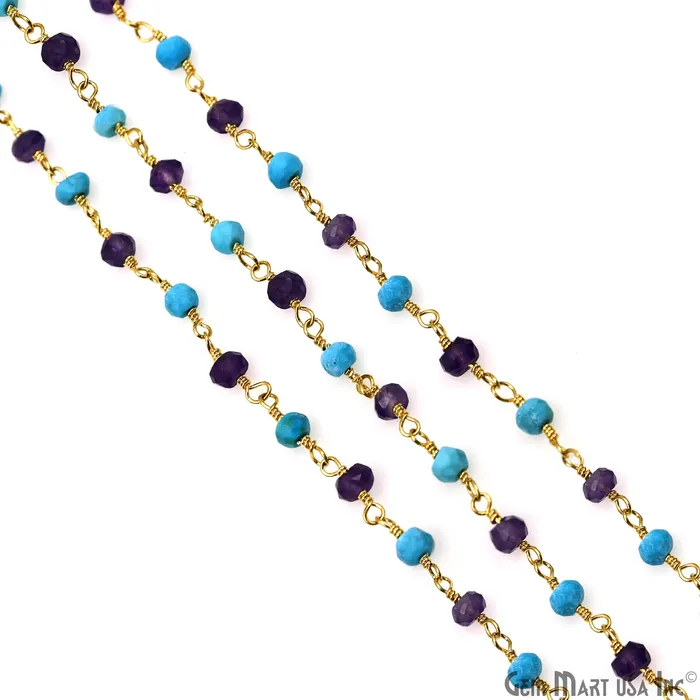 PreStyled Sets GemMartUSA Amethyst Turquoise 335mm Gold Plated Beaded Wire Wrapped Rosary Chain
