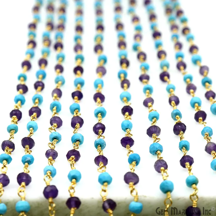 PreStyled Sets GemMartUSA Amethyst Turquoise 335mm Gold Plated Beaded Wire Wrapped Rosary Chain