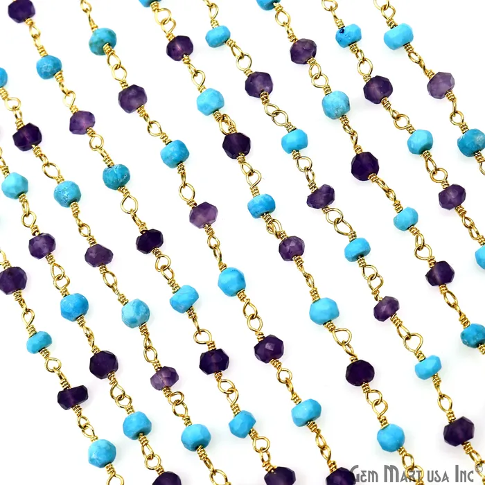 PreStyled Sets GemMartUSA Amethyst Turquoise 335mm Gold Plated Beaded Wire Wrapped Rosary Chain