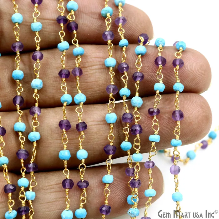 PreStyled Sets GemMartUSA Amethyst Turquoise 335mm Gold Plated Beaded Wire Wrapped Rosary Chain