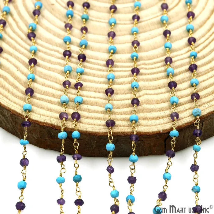 PreStyled Sets GemMartUSA Amethyst Turquoise 335mm Gold Plated Beaded Wire Wrapped Rosary Chain