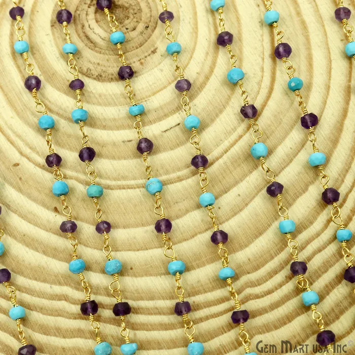 PreStyled Sets GemMartUSA Amethyst Turquoise 335mm Gold Plated Beaded Wire Wrapped Rosary Chain