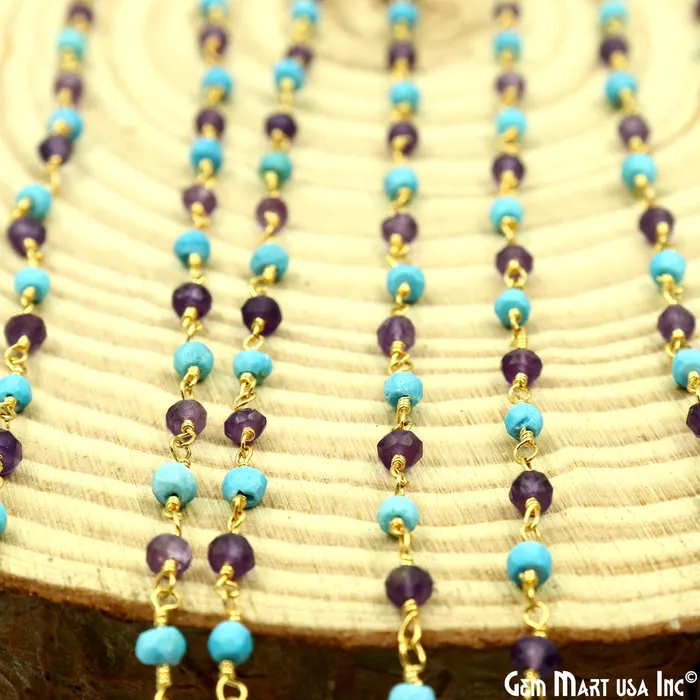 PreStyled Sets GemMartUSA Amethyst Turquoise 335mm Gold Plated Beaded Wire Wrapped Rosary Chain