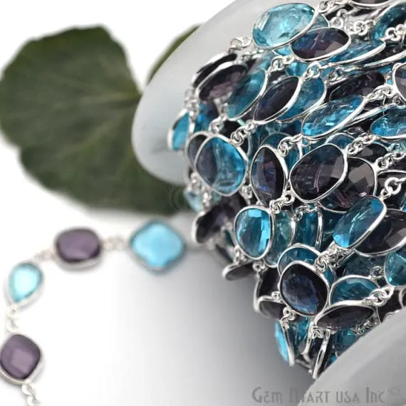 Rings GemmartUSA Blue Topaz With Amethyst 10mm Mix Shape Silver Continuous Connector Chain