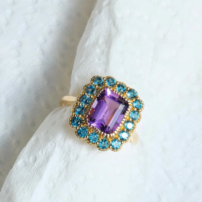 Rings YoTreasure 379 Ct Purple Amethyst London Blue Topaz 14K Yellow Gold Statement Ring Rings YoTreasure 379 Ct Purple Amethyst London Blue Topaz 14K Yellow Gold Statement Ring