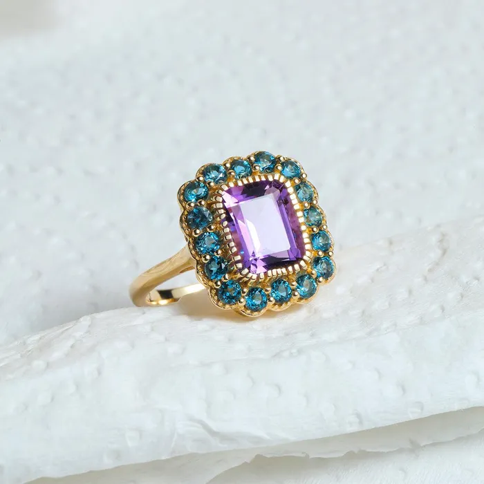 Rings YoTreasure 379 Ct Purple Amethyst London Blue Topaz 14K Yellow Gold Statement Ring Rings YoTreasure 379 Ct Purple Amethyst London Blue Topaz 14K Yellow Gold Statement Ring