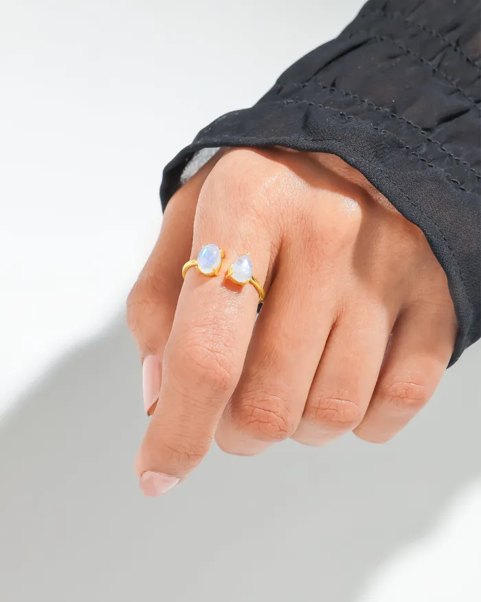 Rings YoTreasure Rainbow Moonstone Open Ring 14k Gold Plated Over 925 Silver Jewelry