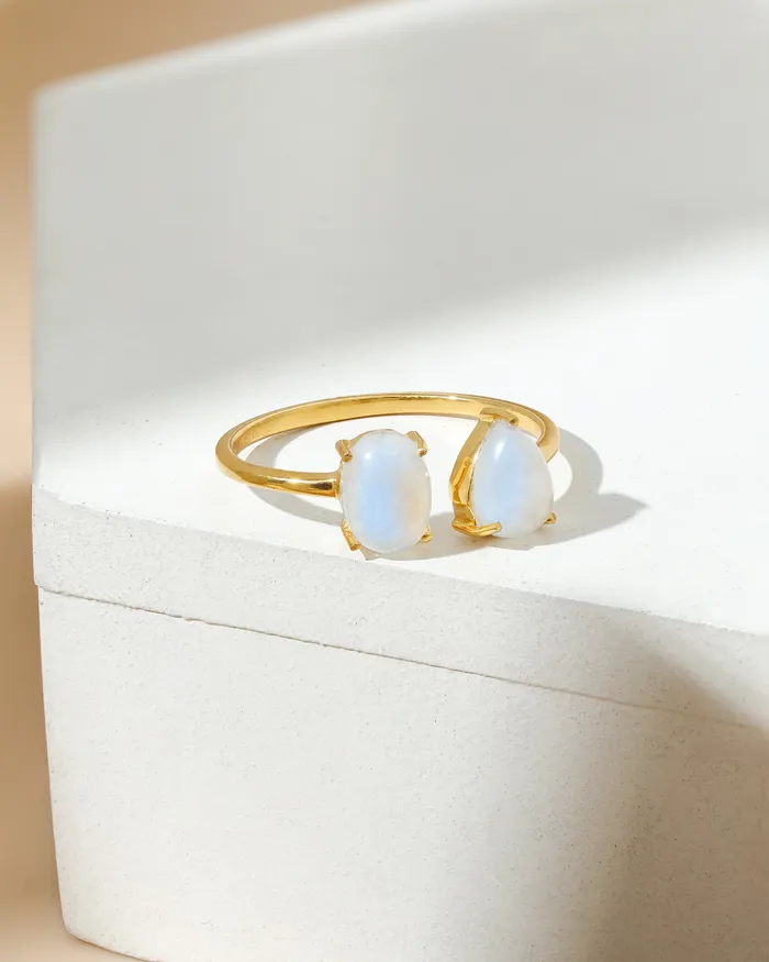 Rings YoTreasure Rainbow Moonstone Open Ring 14k Gold Plated Over 925 Silver Jewelry