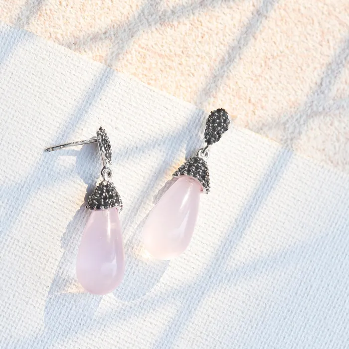 Rose Quartz Black Spinal 925 Solid Sterling Silver Gemstone Earrings YoTreasure Earrings