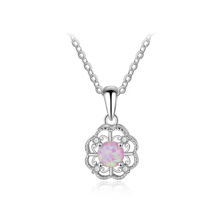 Sterling Silver Hollow Out Flower Pink Opal Pendant Necklace Jewelry Gift for Women Personalized Jewel Necklaces Sterling Silver Hollow Out Flower Pink Opal Pendant Necklace Jewelry Gift for Women Personalized Jewel Necklaces