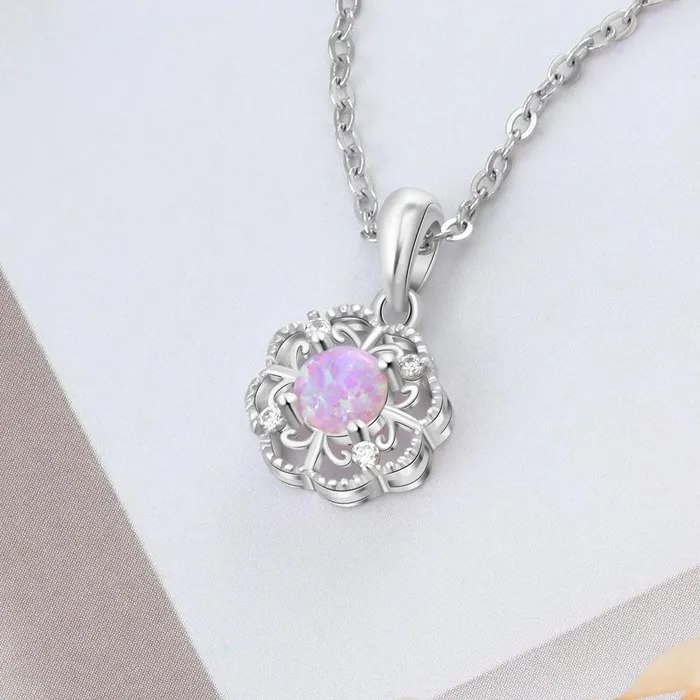 Sterling Silver Hollow Out Flower Pink Opal Pendant Necklace Jewelry Gift for Women Personalized Jewel Necklaces