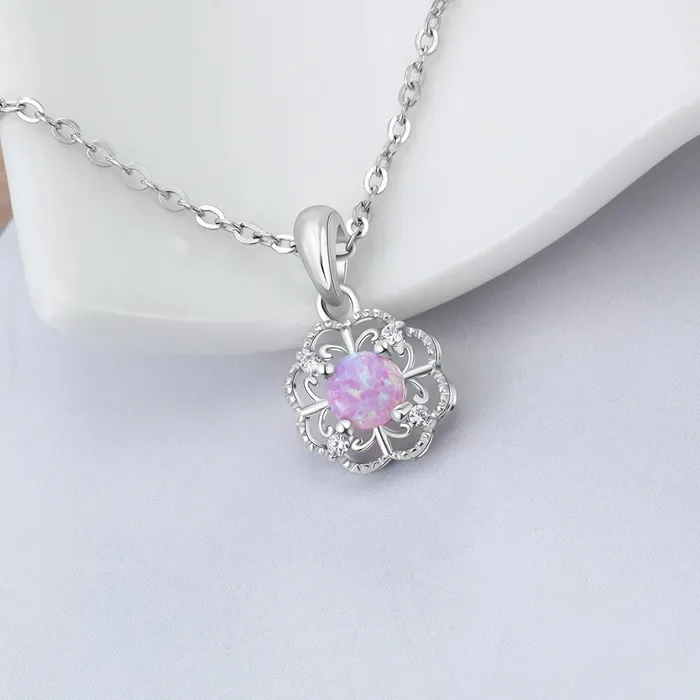 Sterling Silver Hollow Out Flower Pink Opal Pendant Necklace Jewelry Gift for Women Personalized Jewel Necklaces