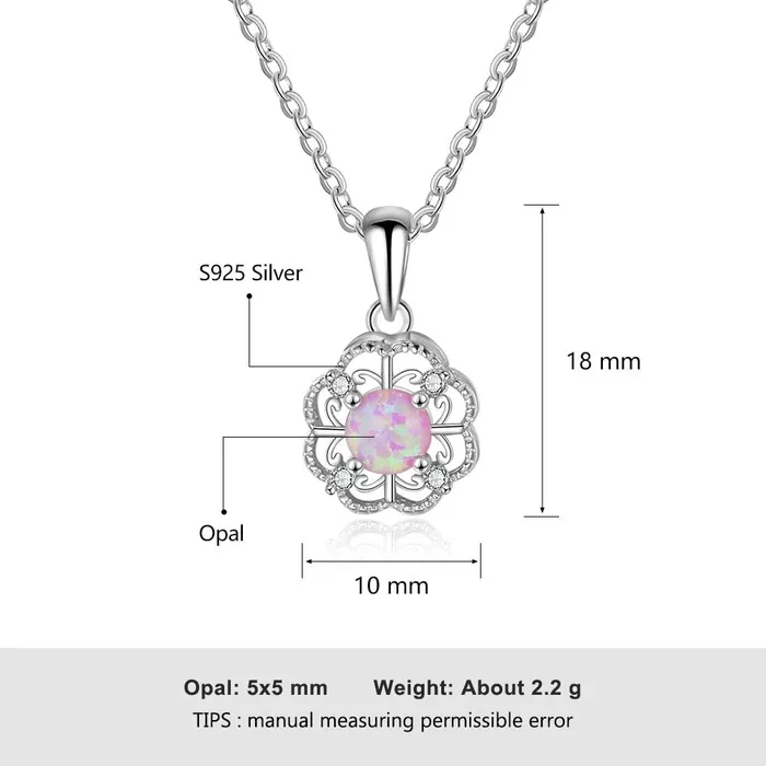 Sterling Silver Hollow Out Flower Pink Opal Pendant Necklace Jewelry Gift for Women Personalized Jewel Necklaces