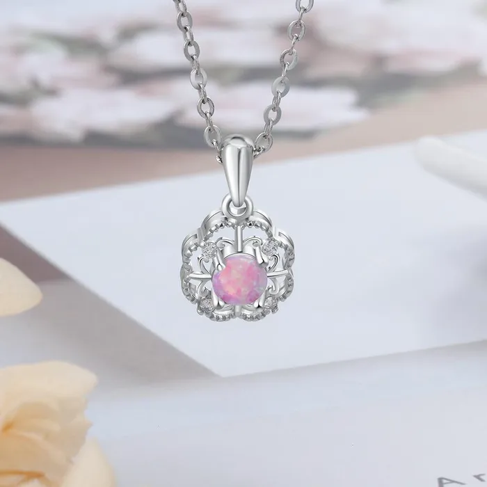 Sterling Silver Hollow Out Flower Pink Opal Pendant Necklace Jewelry Gift for Women Personalized Jewel Necklaces
