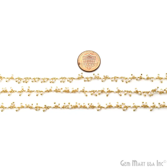 Synthetic Pearl Smooth 225mm Beads Gold Wire Wrapped Cluster Dangle Rosary Chain GemMartUSA Rings