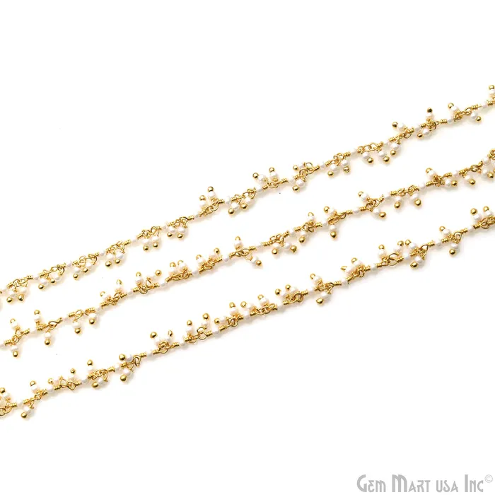 Synthetic Pearl Smooth 225mm Beads Gold Wire Wrapped Cluster Dangle Rosary Chain GemMartUSA Rings