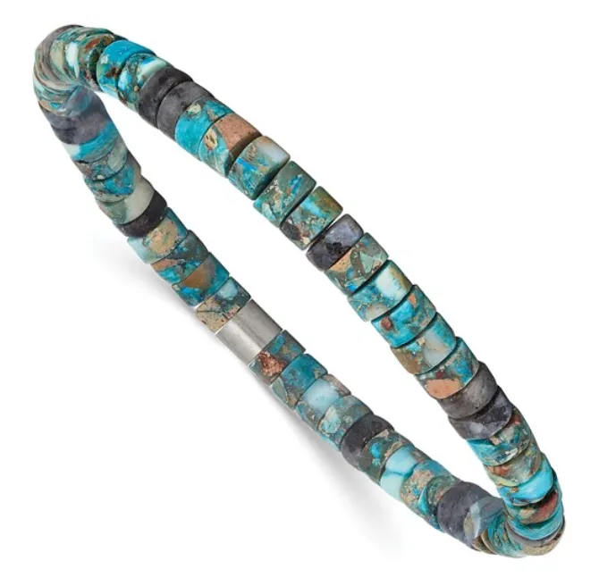 Unisex Stainless Steel Brushed Blue Sediment and Black Spectrolite Beaded Stretch Bracelet SI3610 Quality Gold Bracelets Unisex Stainless Steel Brushed Blue Sediment and Black Spectrolite Beaded Stretch Bracelet SI3610 Quality Gold Bracelets