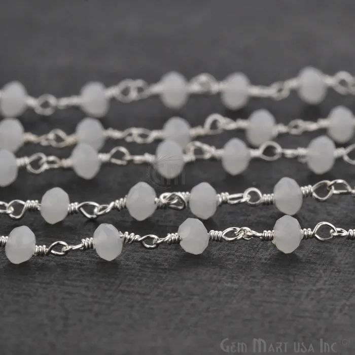 White Chalcedony Silver Plated Beaded Wire Wrapped Rosary Chain GemMartUSA Rings