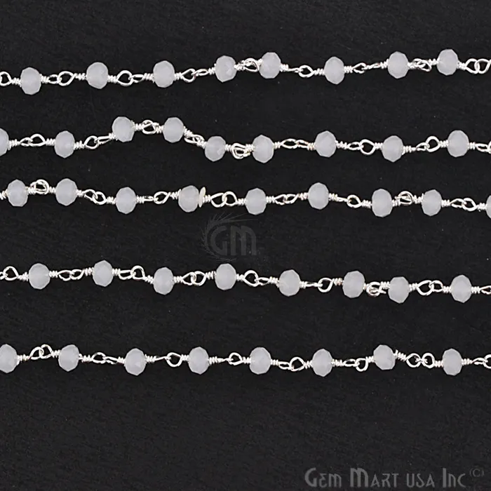 White Chalcedony Silver Plated Beaded Wire Wrapped Rosary Chain GemMartUSA Rings