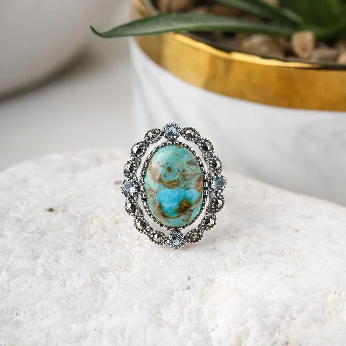 YoTreasure Blue Mohave Turquoise Swiss Blue Topaz Marcasite 925 Sterling Silver Ring Rings