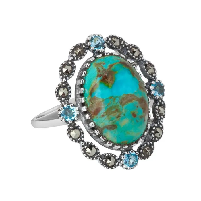 YoTreasure Blue Mohave Turquoise Swiss Blue Topaz Marcasite 925 Sterling Silver Ring Rings