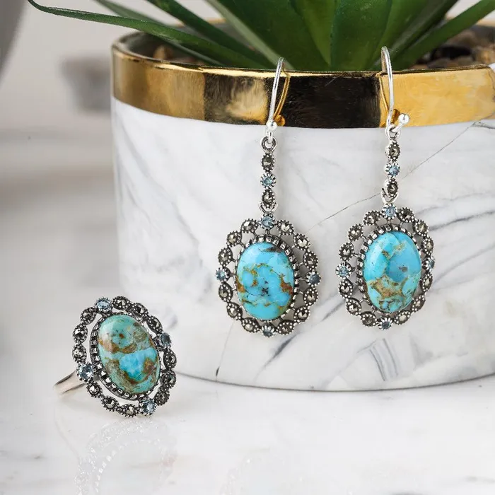 YoTreasure Blue Mohave Turquoise Swiss Blue Topaz Marcasite 925 Sterling Silver Ring Rings