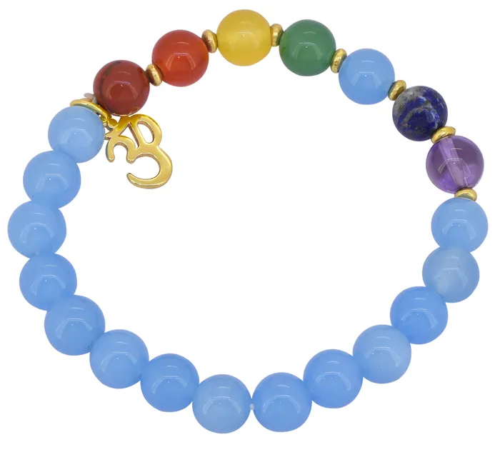 YoTreasure Bracelets Blue Chalcedony Multi Bead Stretch Om Bracelet in Brass