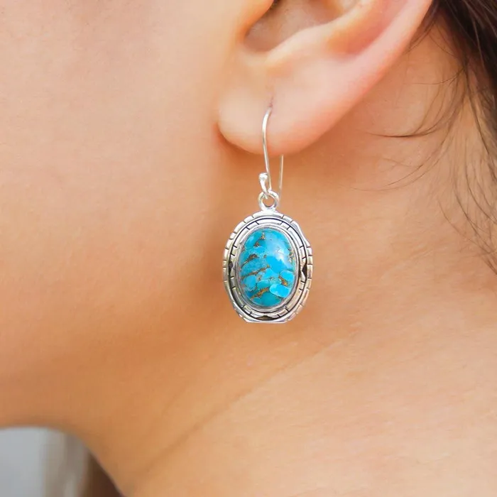 YoTreasure Earrings 149 Blue Copper Turquoise Solid 925 Sterling Silver Dangle Earrings Jewelry