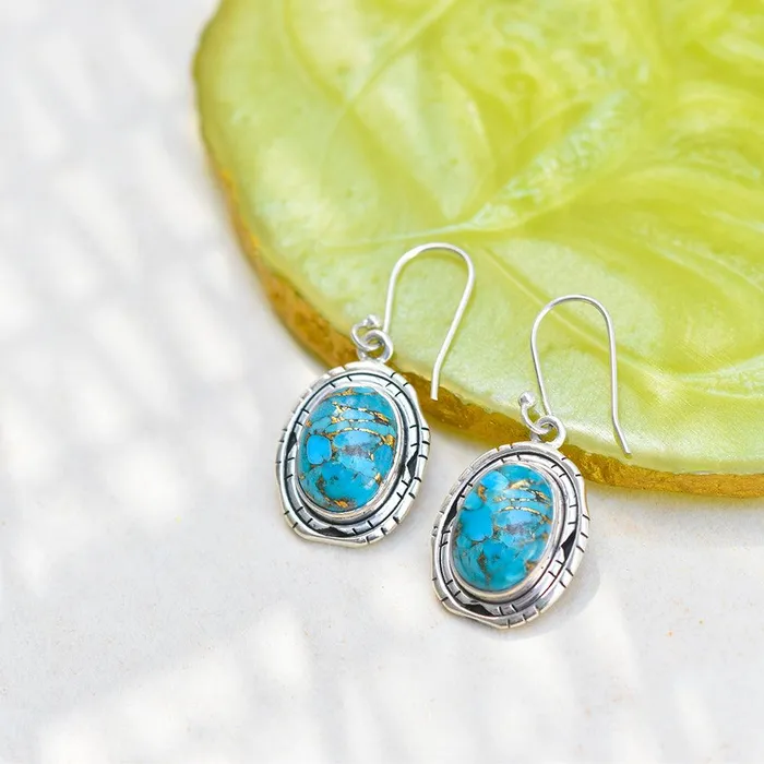 YoTreasure Earrings 149 Blue Copper Turquoise Solid 925 Sterling Silver Dangle Earrings Jewelry