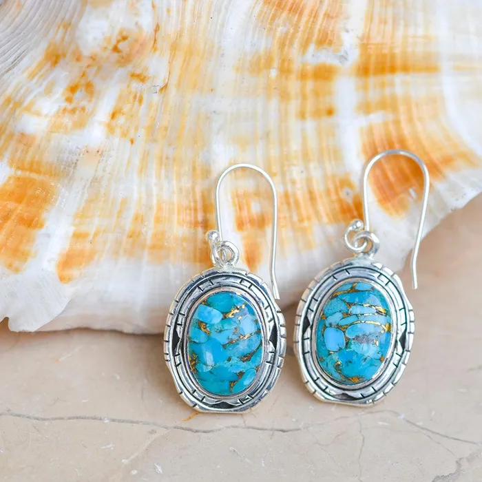 YoTreasure Earrings 149 Blue Copper Turquoise Solid 925 Sterling Silver Dangle Earrings Jewelry