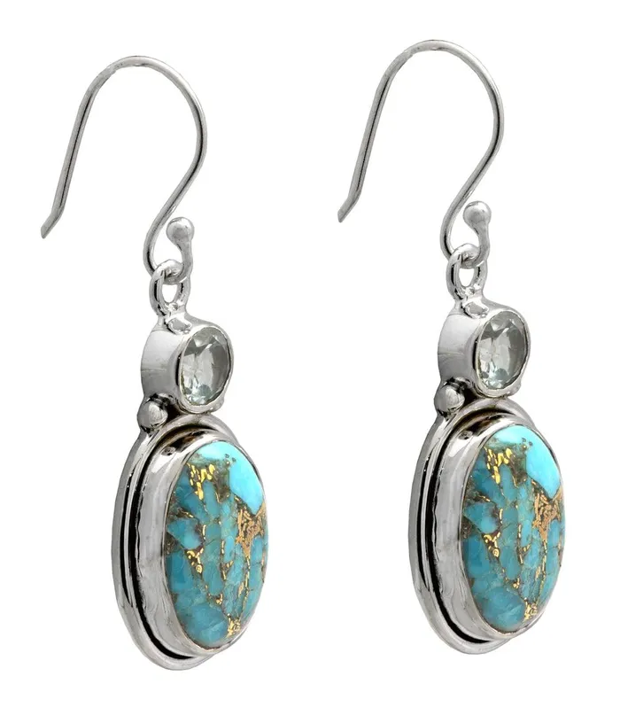 YoTreasure Earrings Blue Copper Turquoise Blue Topaz Dangling 925 Solid Sterling Silver Earrings Silver Jewelry