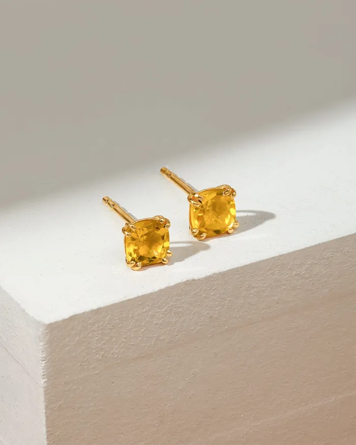 YoTreasure Earrings Natural Healing Citrine Solid 14K Gold Plated Over 925 Silver Stud Earrings Birthstone Jewelry