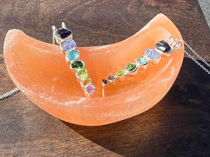 YoTreasure Healing Ability Crystal Bowls Natural Orange Moon Selenite With 7 Stone Chakra 925 Sterling Silver Chain Pendant Necklaces