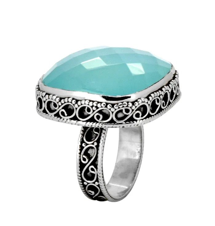 YoTreasure Rings Aqua Chalcedony Solid Sterling Silver Cocktail Ring Jewelry