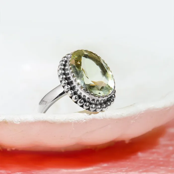 YoTreasure Rings Green Amethyst Solid 925 Sterling Silver Gemstone Ring Jewelry