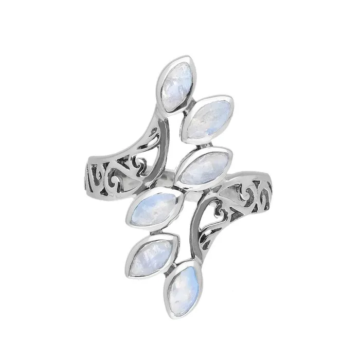 YoTreasure Rings Rainbow Moonstone Solid 925 Sterling Silver Leaf Design Ring Jewelry YoTreasure Rings Rainbow Moonstone Solid 925 Sterling Silver Leaf Design Ring Jewelry
