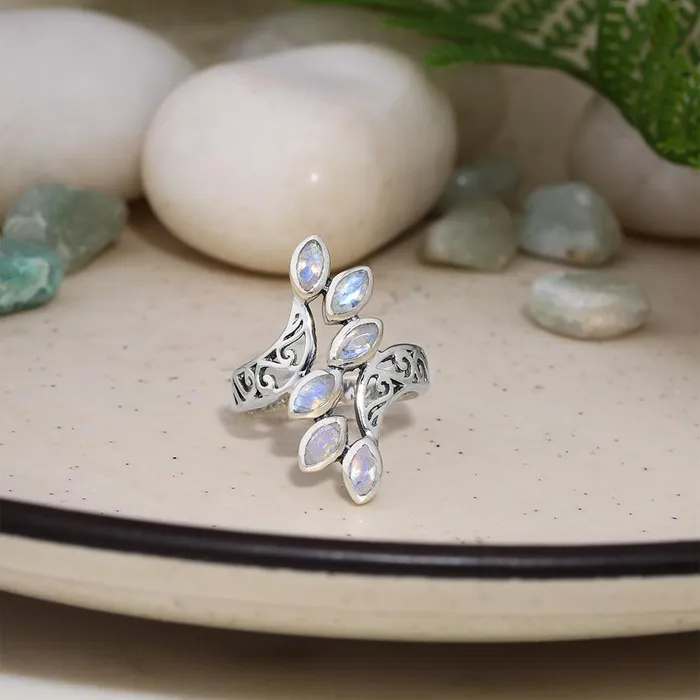 YoTreasure Rings Rainbow Moonstone Solid 925 Sterling Silver Leaf Design Ring Jewelry
