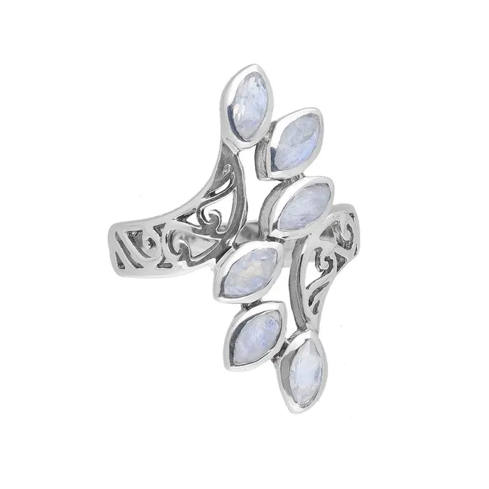 YoTreasure Rings Rainbow Moonstone Solid 925 Sterling Silver Leaf Design Ring Jewelry