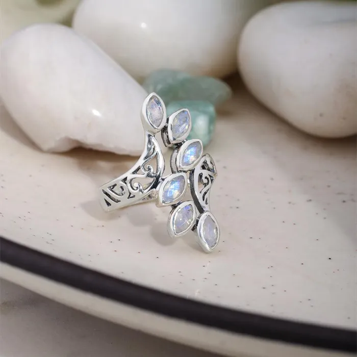 YoTreasure Rings Rainbow Moonstone Solid 925 Sterling Silver Leaf Design Ring Jewelry