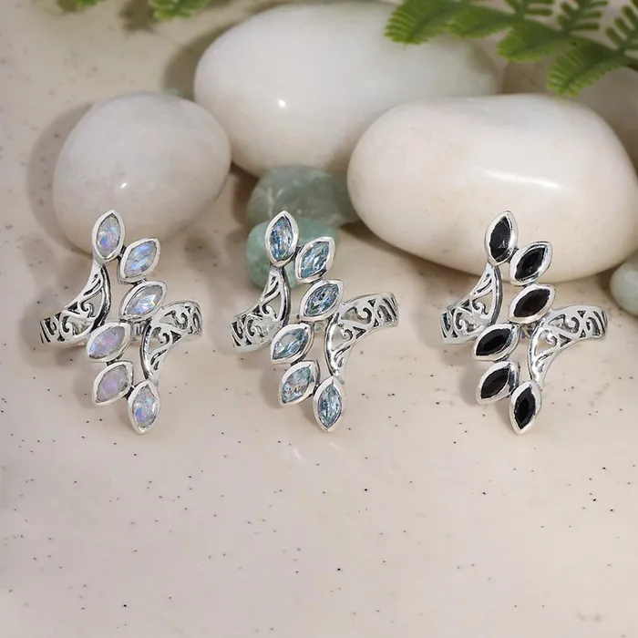YoTreasure Rings Rainbow Moonstone Solid 925 Sterling Silver Leaf Design Ring Jewelry