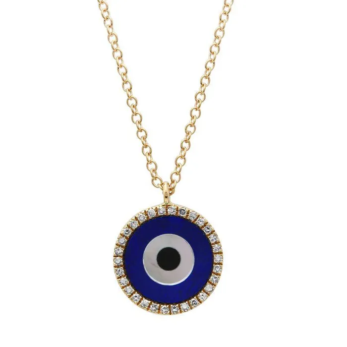 14K Gold Diamond Halo Lapis Gemstone Evil Eye Necklace Izakov Diamonds Fine Jewelry Necklaces