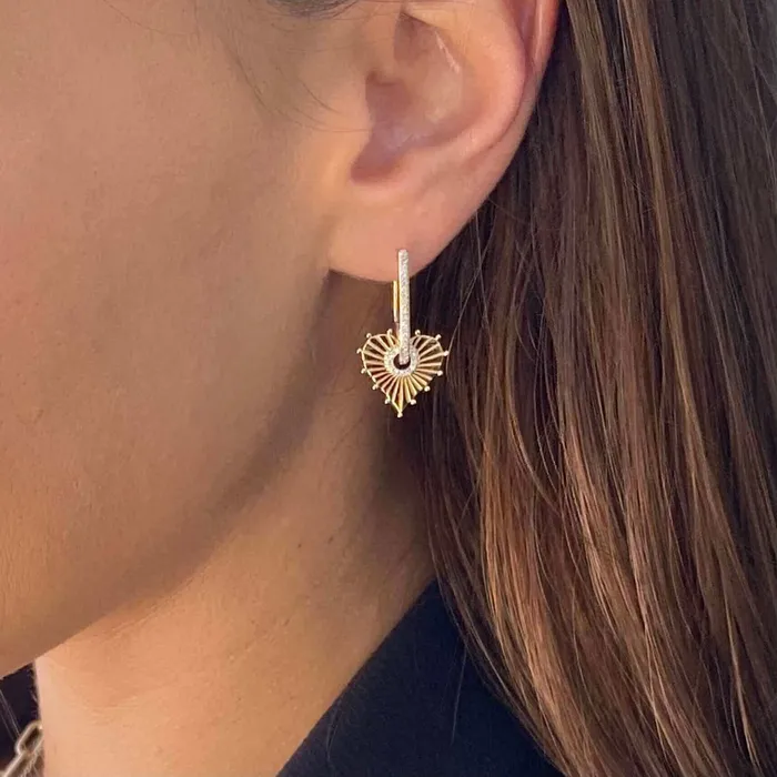 14K Gold Diamond Pave Heart Charm U Hoop Earrings Izakov Diamonds Fine Jewelry Earrings