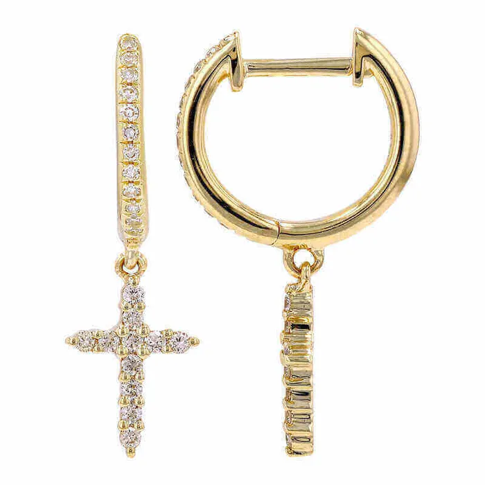 14K Gold Micro Pave Diamond Cross Dangling Huggie Earrings Izakov Diamonds Fine Jewelry Earrings